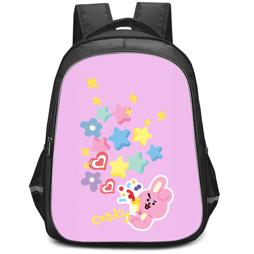 BT21 Cooky Backpack StudentPack - Cooky Playing Confetti On Pink Background
