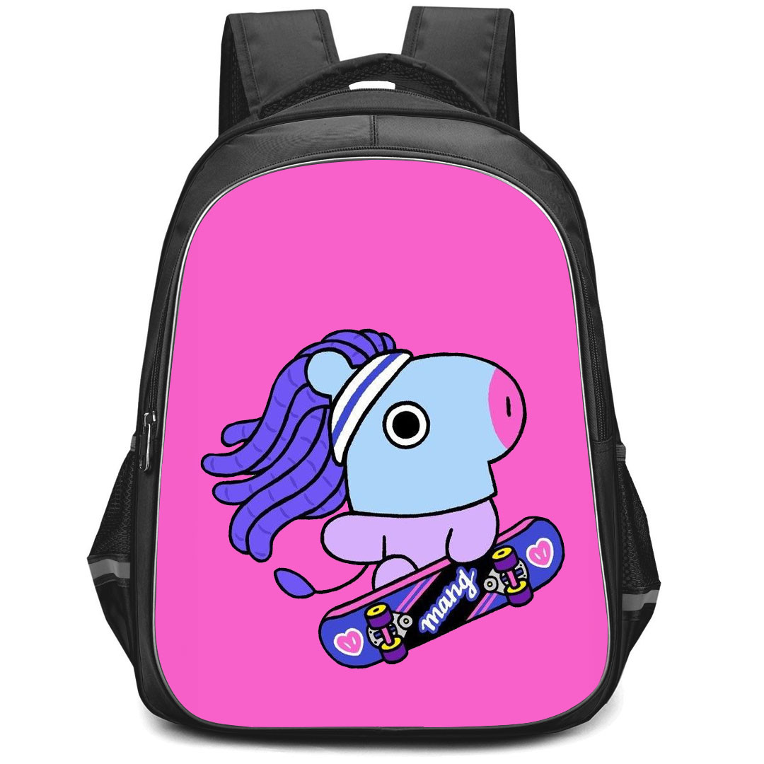 BT21 Mang Backpack StudentPack - Mang Riding Skateboard On Pink Background
