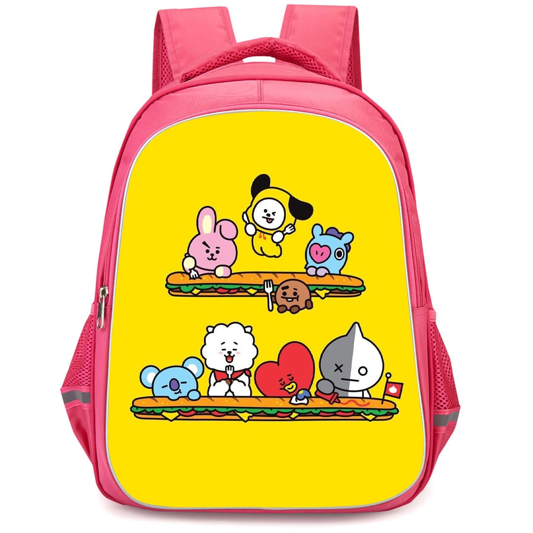 BT21 Backpack StudentPack - BT21 Member Eating Sub Sandwich On Yellow Background