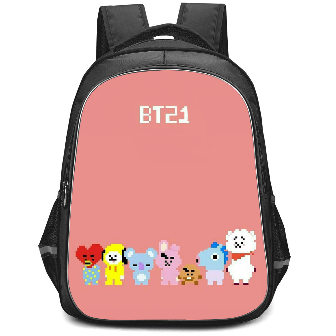 BT21 Backpack StudentPack - BT21 Member Pixel Art Standing On Pink Background