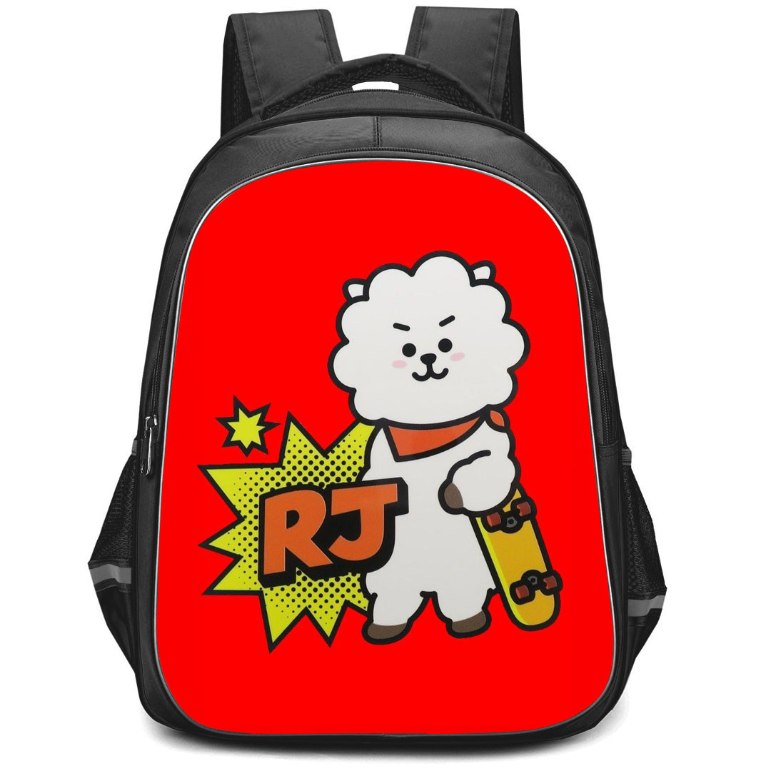 BT21 RJ Backpack StudentPack - RJ Holding Skateboard On Red Background