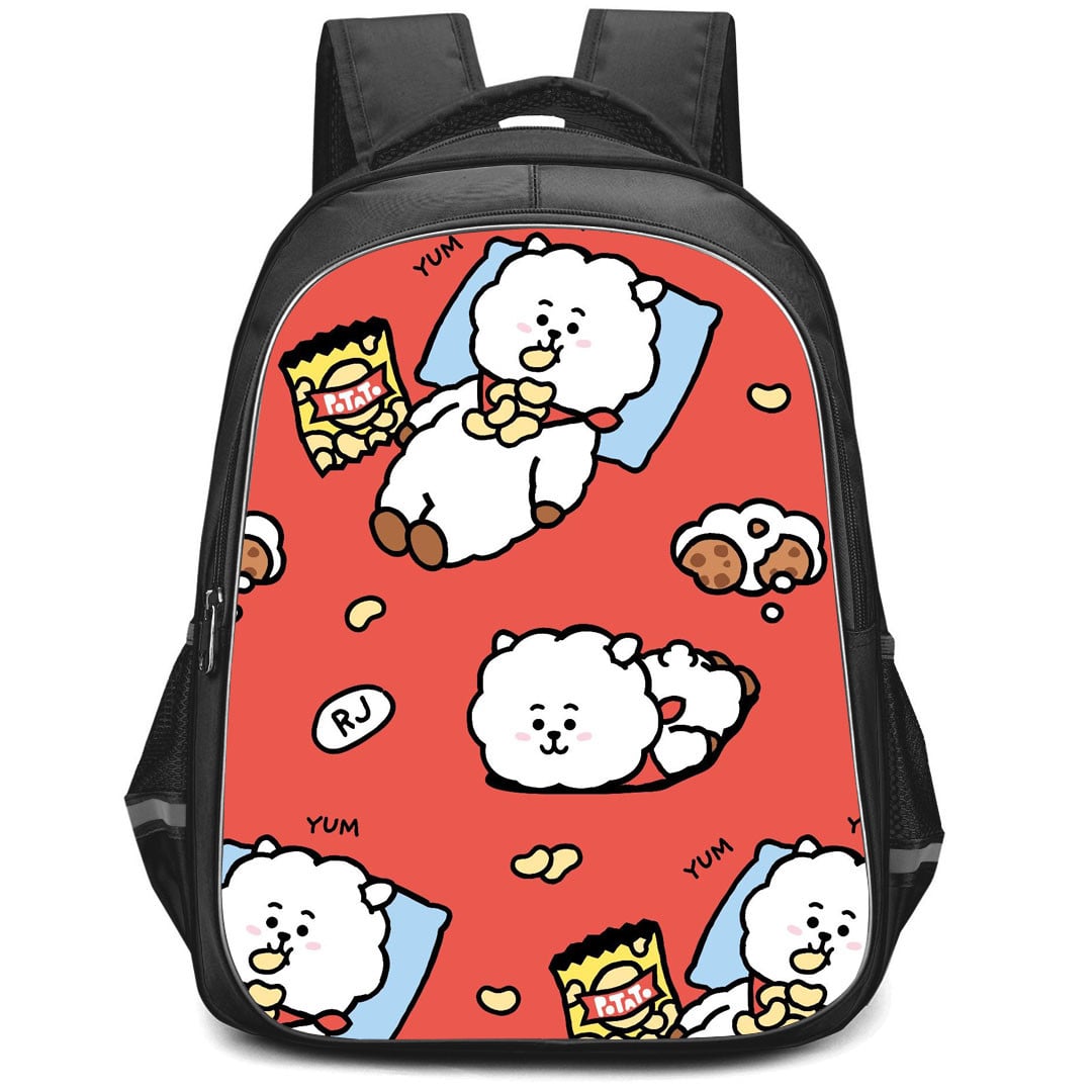 BT21 RJ Backpack StudentPack - RJ Laying And Eating Red Background