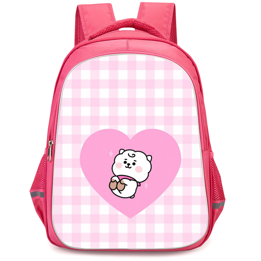 BT21 RJ Backpack StudentPack - RJ Laying On Heart Shape Pink Check Background
