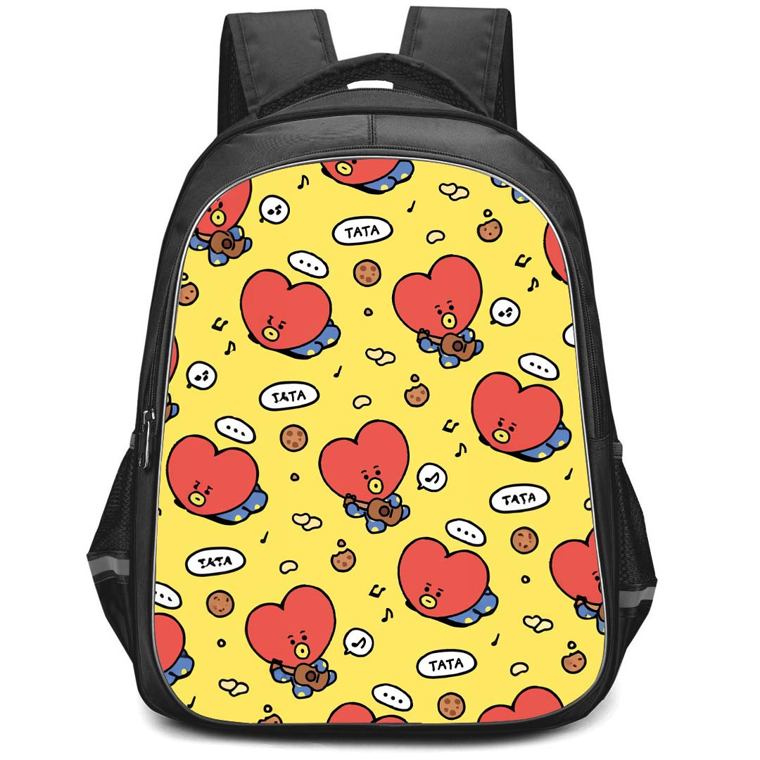 BT21 Tata Backpack StudentPack - Tata Playing Guitar Pattern Art On Yellow Background