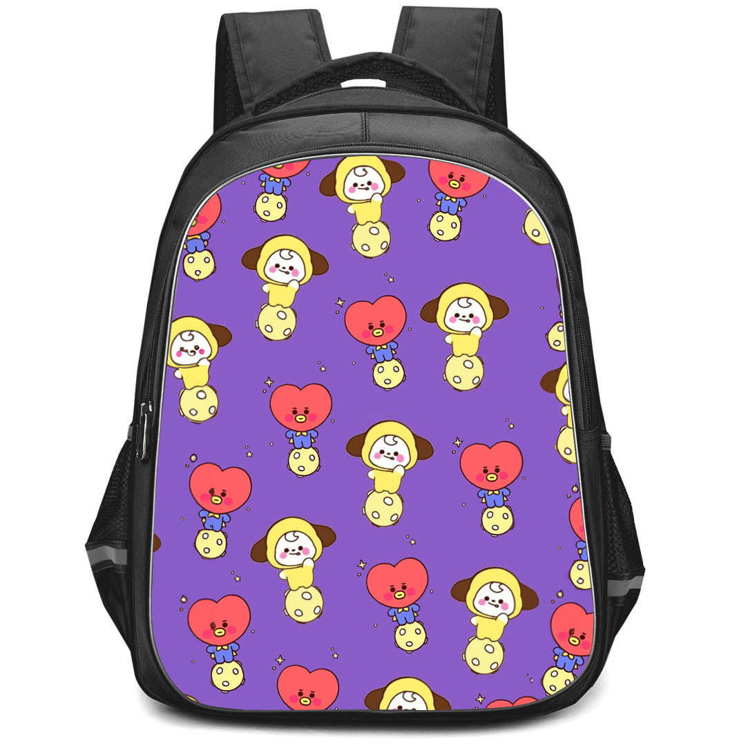 BT21 Backpack StudentPack - BT21 Tata And Chimmy Pattern Art On Purple Background