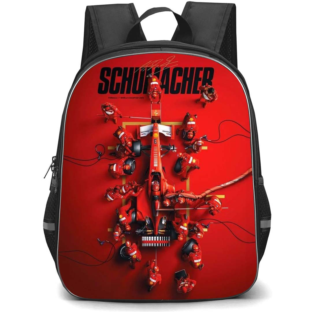 F1 Formula One Michael Schumacher Backpack StudentPack - Michael Schumacher Formula 1 Pit Crew Red Background