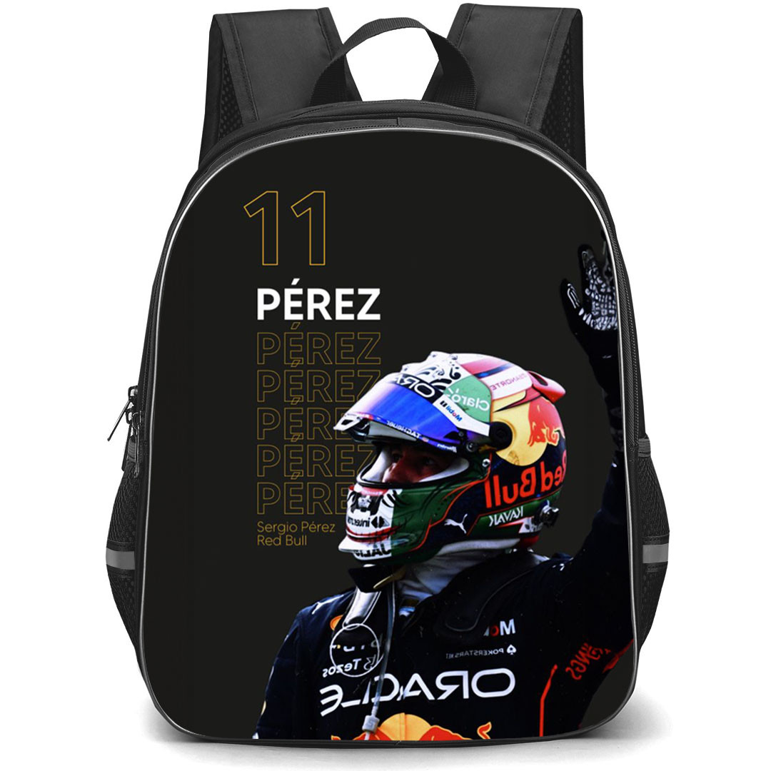 F1 Formula One Sergio Perez Backpack StudentPack - Sergio Perez 11 Side Portrait With Racing Suit