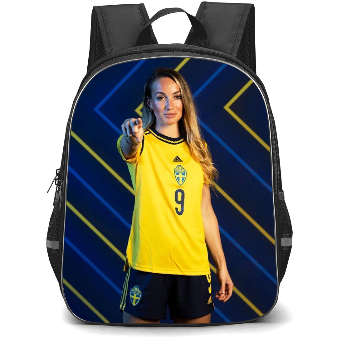 Kosovare Asllani Backpack StudentPack - Kosovare Asllani 9 Sweden Women's National Football Standing On Yellow Blue Stripe Background
