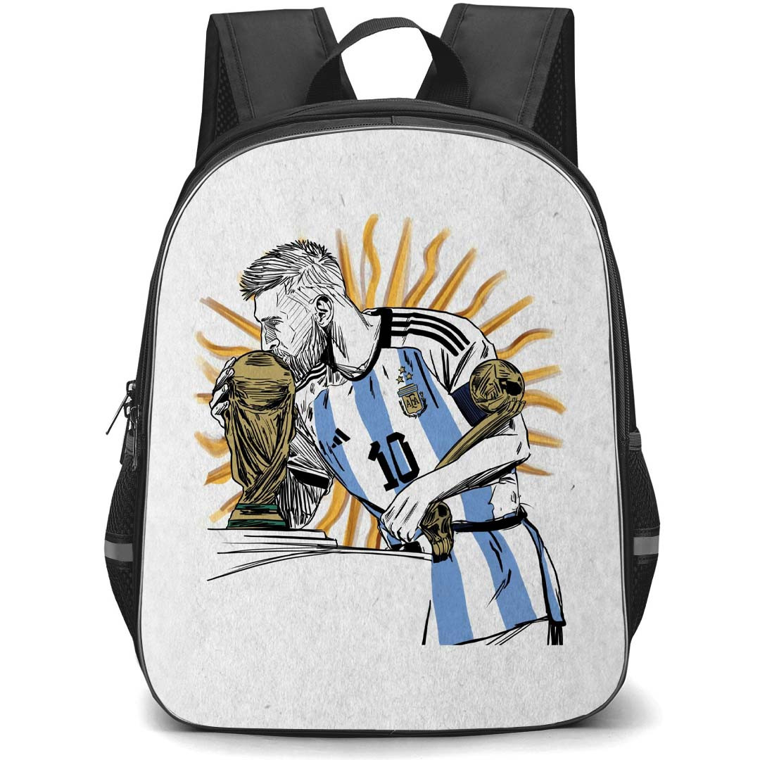 Lionel Messi Backpack StudentPack - Lionel Messi Kissing The World Cup Trophy 2022 Sketch Art