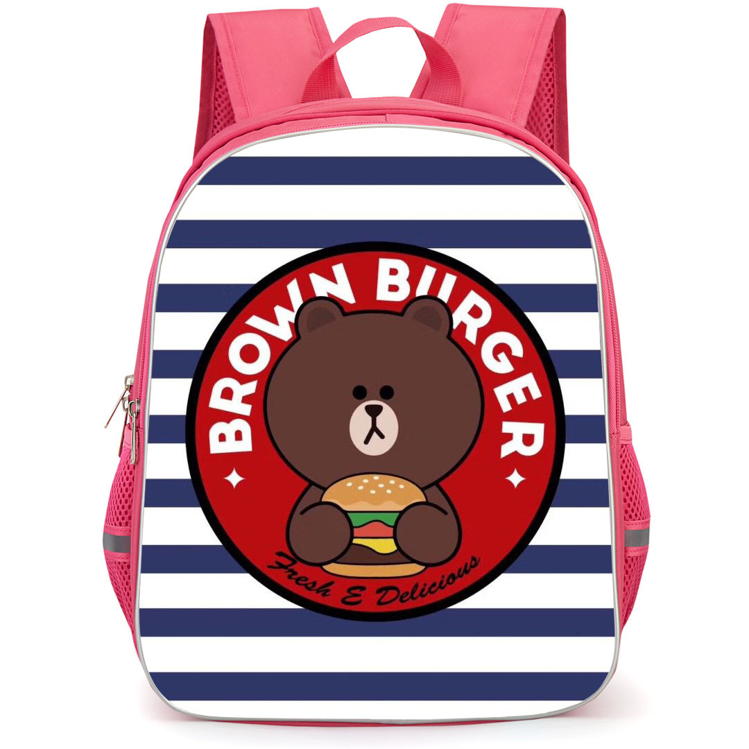 Lines Friends Brown Backpack StudentPack - Brown Burger Logo On Blue and White Stripes Straight Border Background
