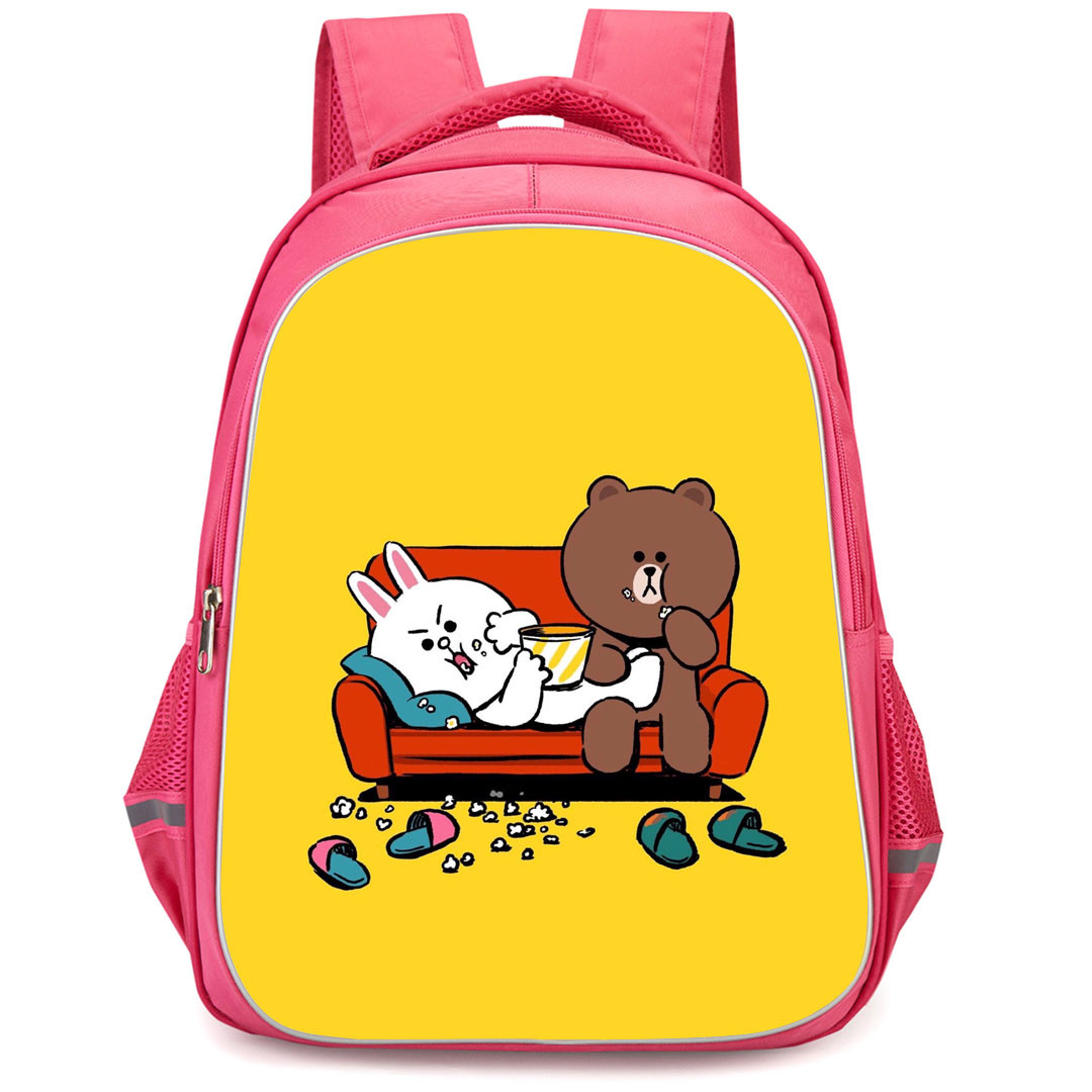 Lines Friends Backpack StudentPack - Lines Friends Cony And Brown Eating Popcorn Yellow Background