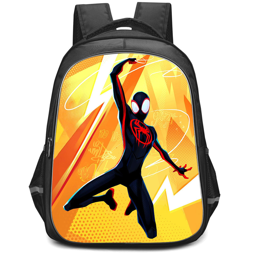 Spider Man Across The Spider Verse Miles Morales Backpack StudentPack - Miles Morales Jumping On Yellow Background
