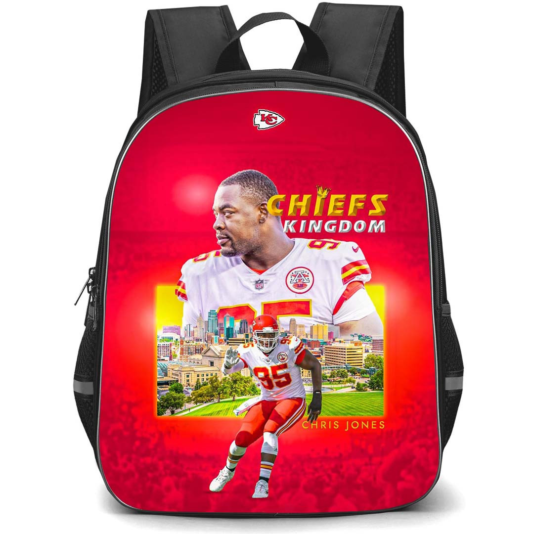 NFL Chris Jones Backpack StudentPack - Chris Jones 95 Kansas City Chiefs Kingdom Red Background