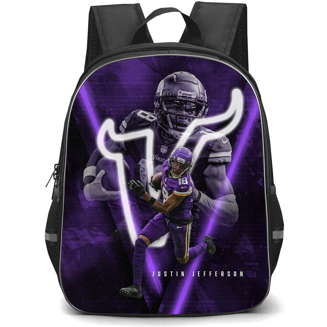 NFL Justin Jefferson Backpack StudentPack - Justin Jefferson 18 Minnesota Vikings Purple Poster Art