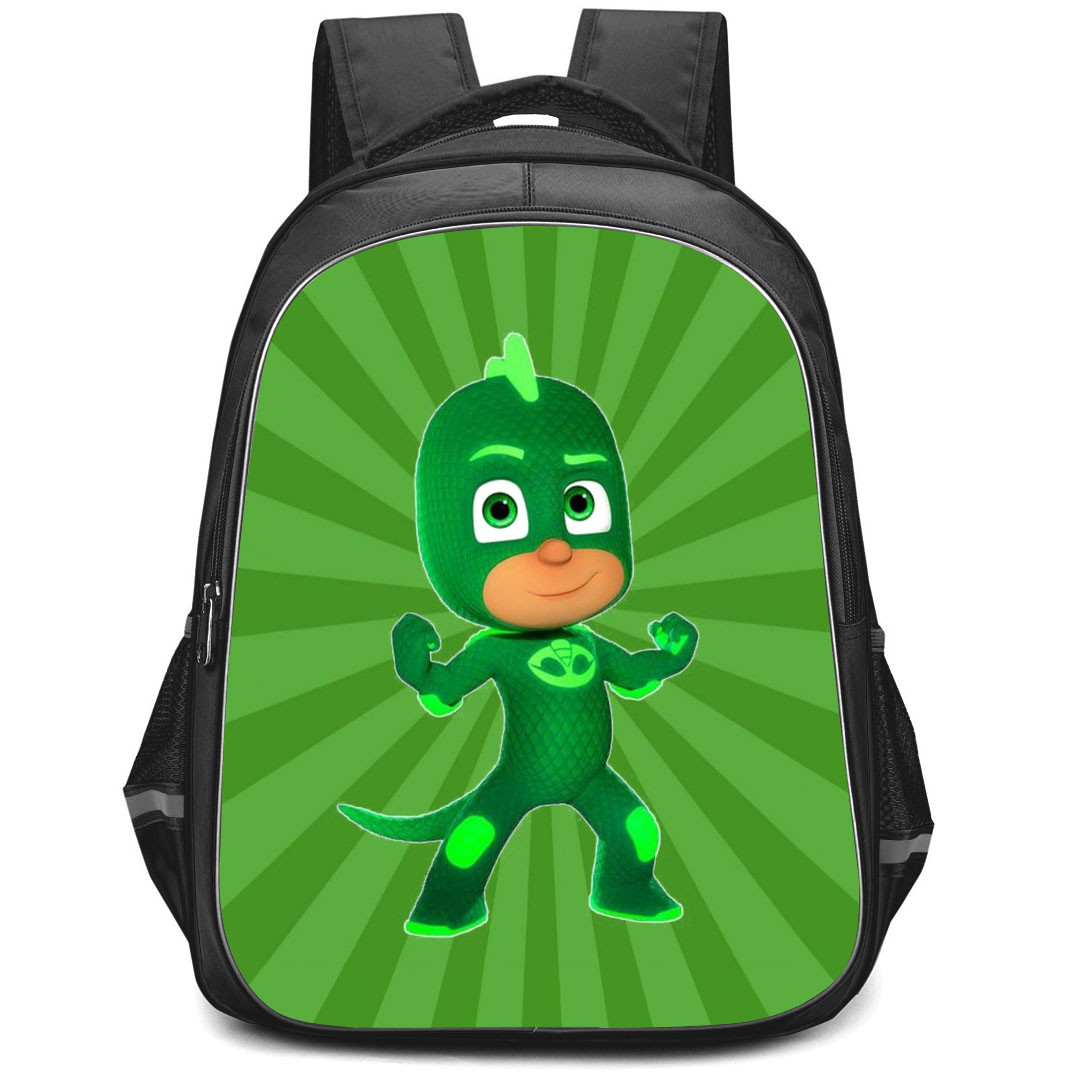 PJ Masks Power Heroes Gekko Backpack StudentPack - Gekko Standing On Green Ray Background