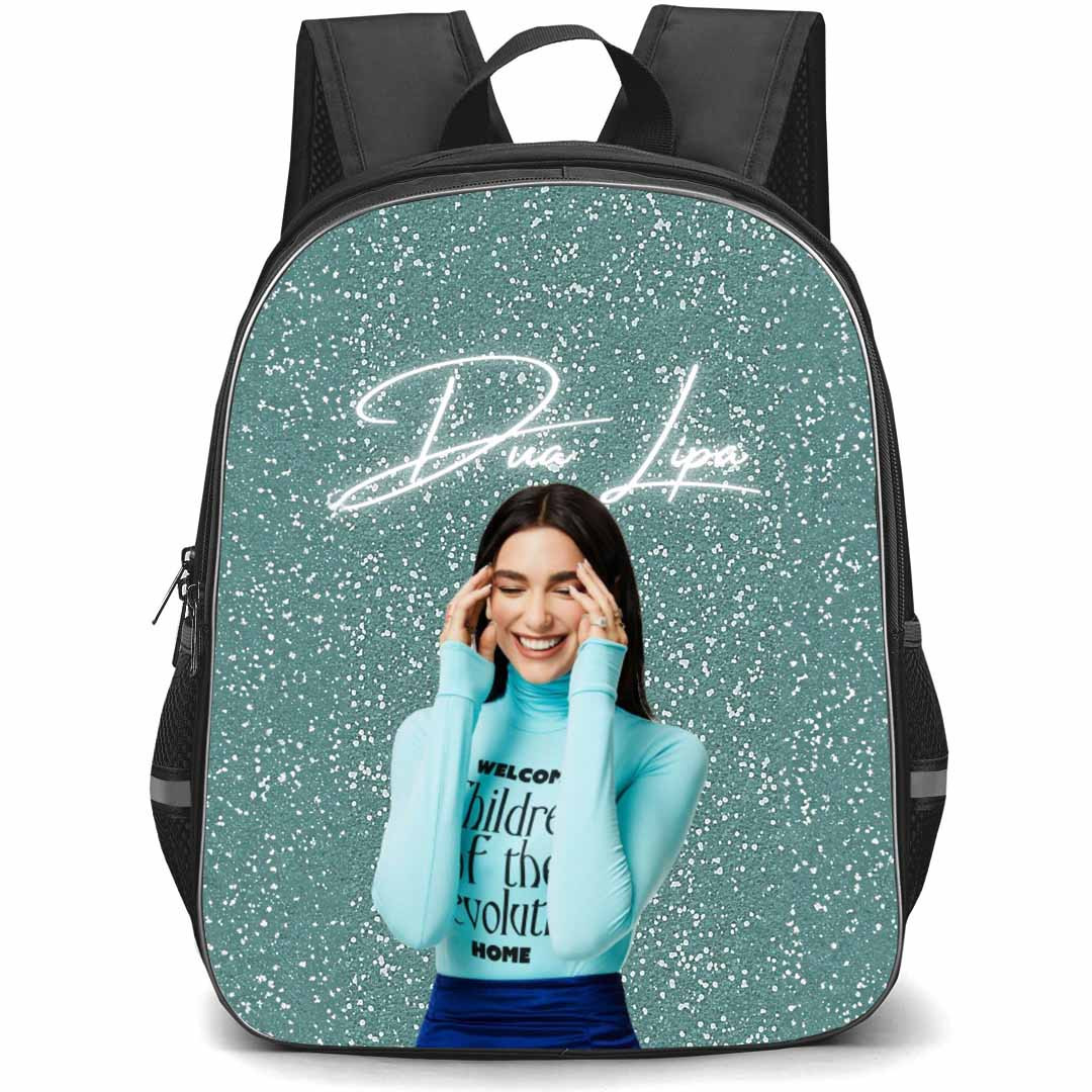 Dua Lipa Backpack StudentPack - Dua Lipa Smiling On Cyan Glitter Background
