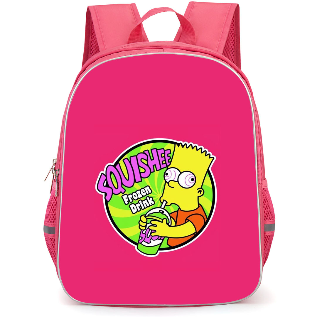 The Simpsons Bart Backpack StudentPack - Bart Drinking Squishee Frozen Drink On Pink Background