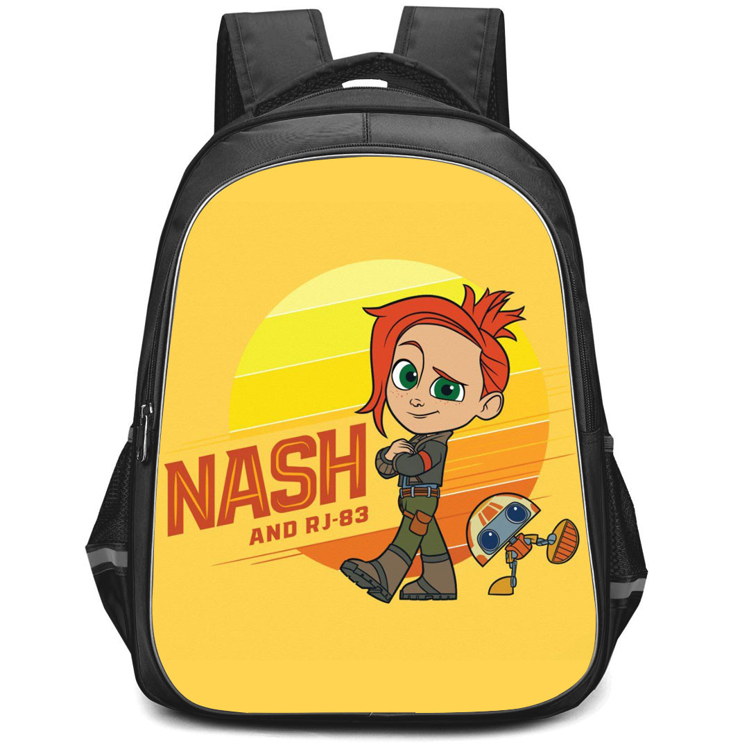 Star Wars Young Jedi Adventures Nash Backpack StudentPack - Nash And RJ-83 Standing On Orange Poster