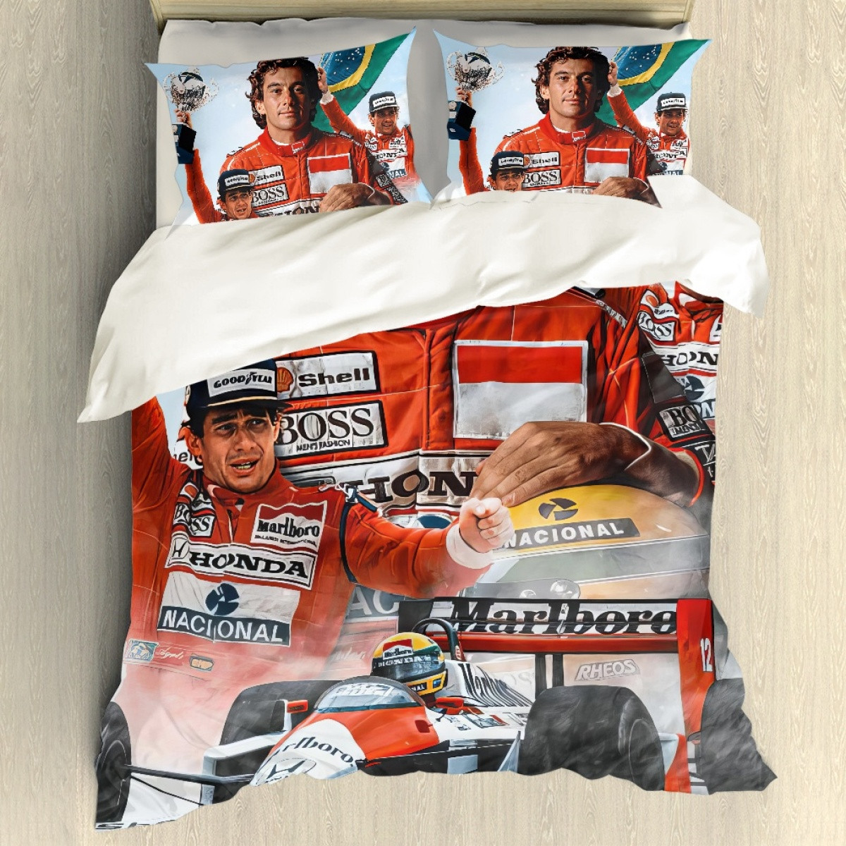 F1 Formula One Ayrton Senna Sham Set Bed Set Sheet Cover - Ayrton Senna Celebration With Champions Trophy