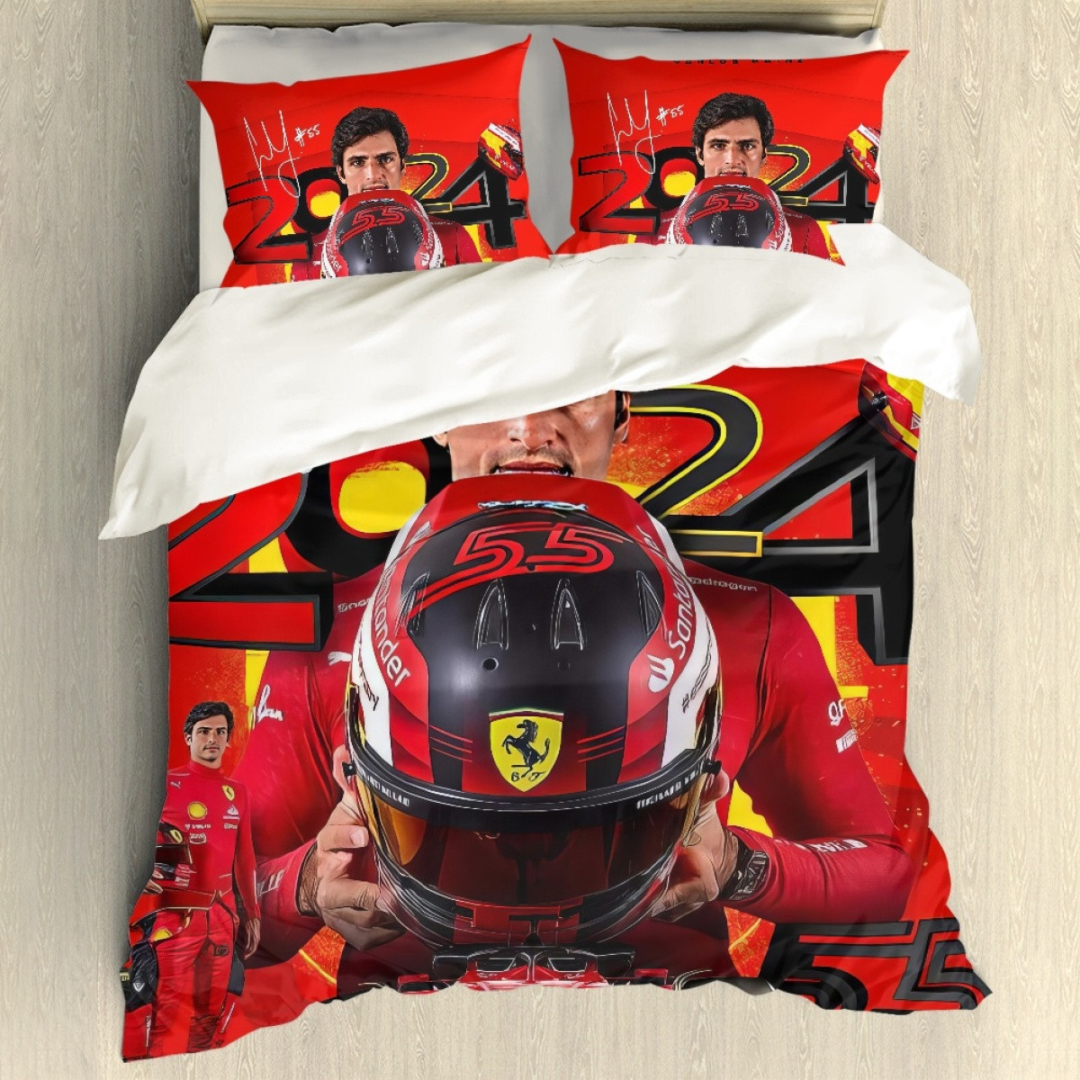 F1 Formula One Carlos Sainz Sham Set Bed Set Sheet Cover - Carlos Sainz Essere Ferrari 2024 Poster Red Background
