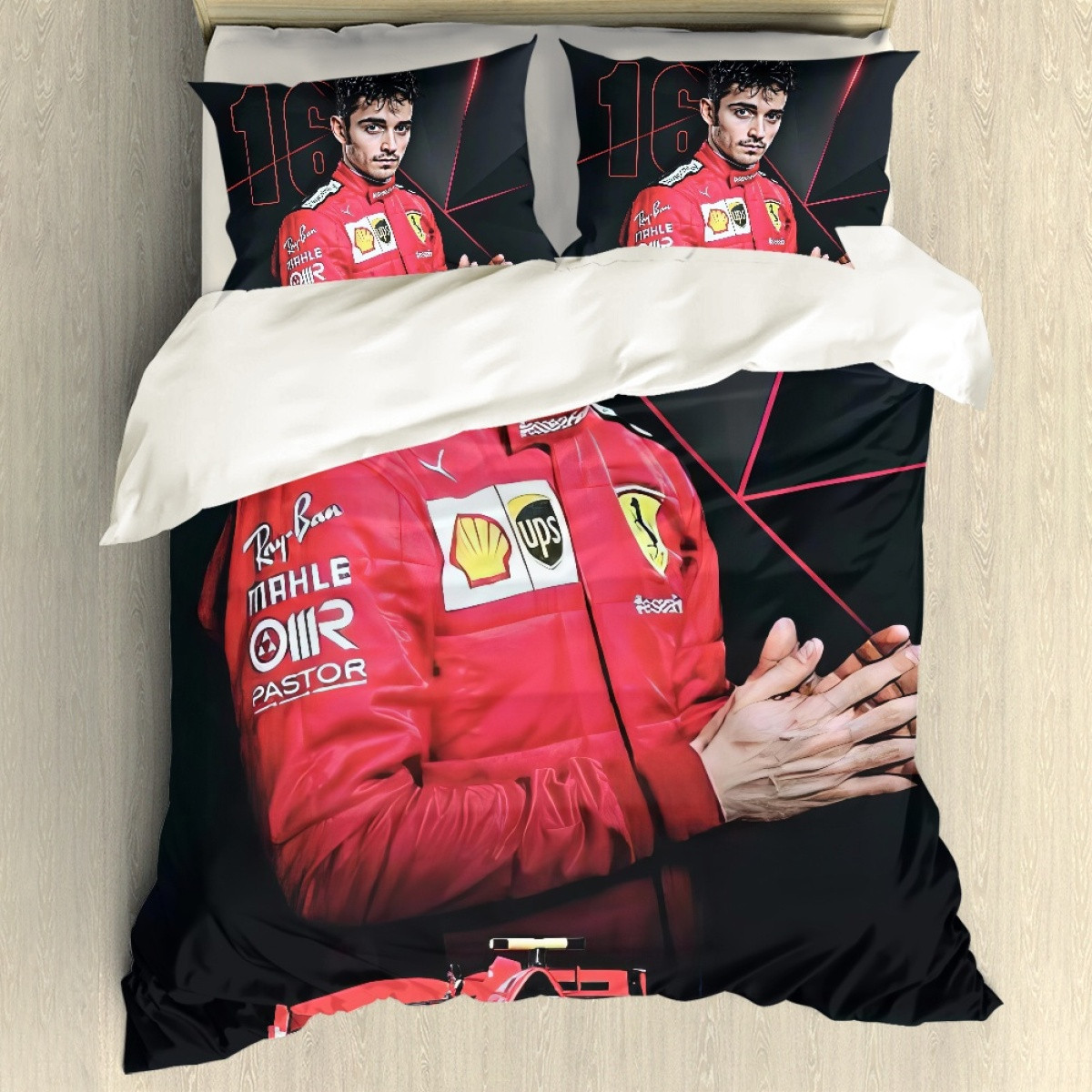 F1 Formula One Charles Leclerc Sham Set Bed Set Sheet Cover - Charles Leclerc 16 Portrait On Black Background