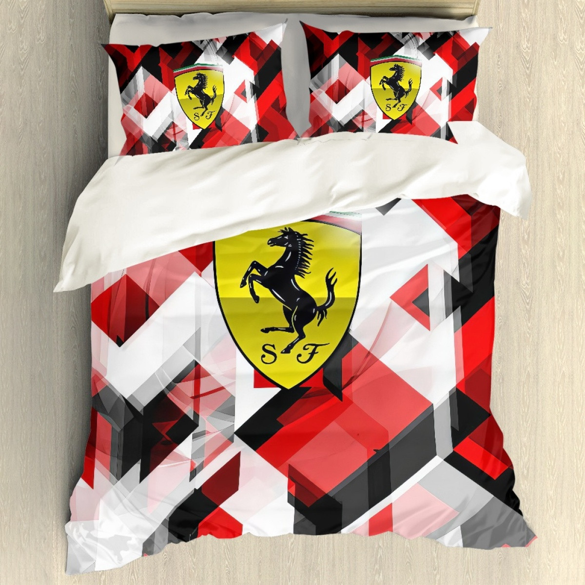 F1 Formula One Ferrari Sham Set Bed Set Sheet Cover - Ferrari Logo On Red White Graphic Art