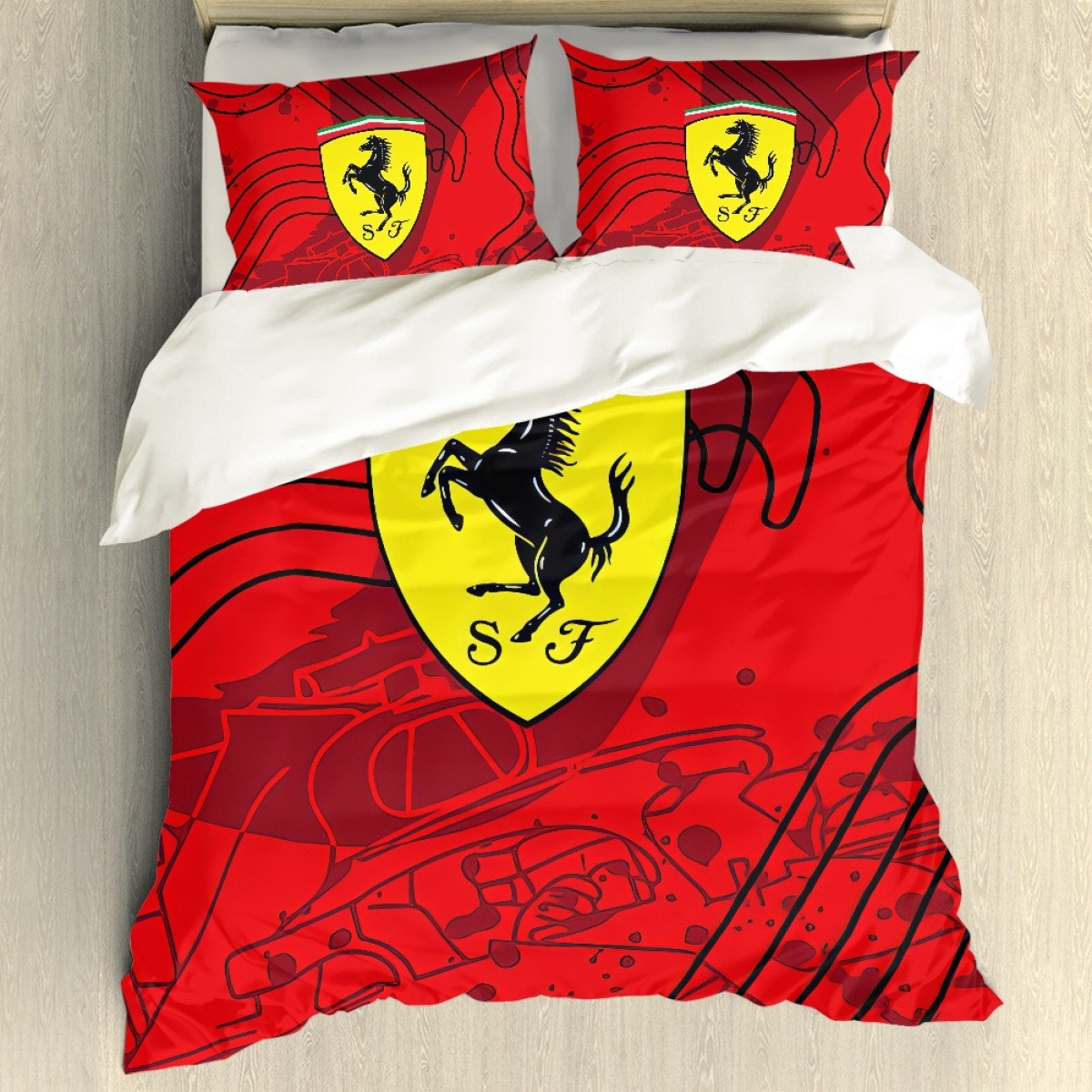 F1 Formula One Ferrari Sham Set Bed Set Sheet Cover - Ferrari Logo On Red Graphic Art