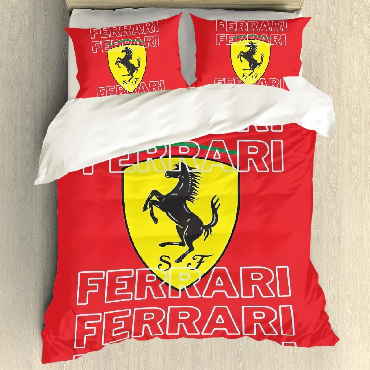 F1 Formula One Ferrari Sham Set Bed Set Sheet Cover - Ferrari Logo On Word Art Red Background