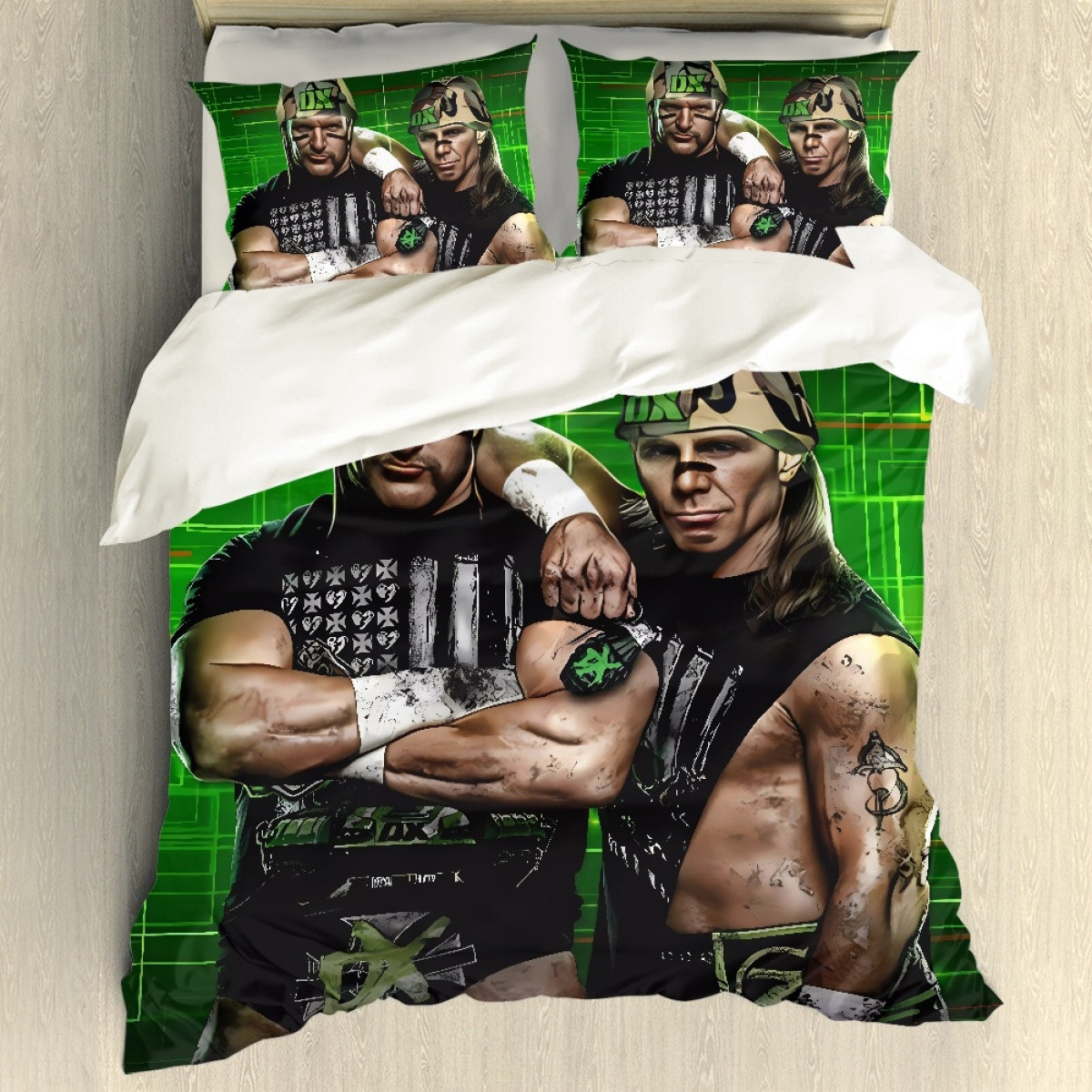 WWE Comforter Sham Set Bed Set Sheet Cover - WWE DX Army Triple X And Shawn Michaels Standing On Green Background