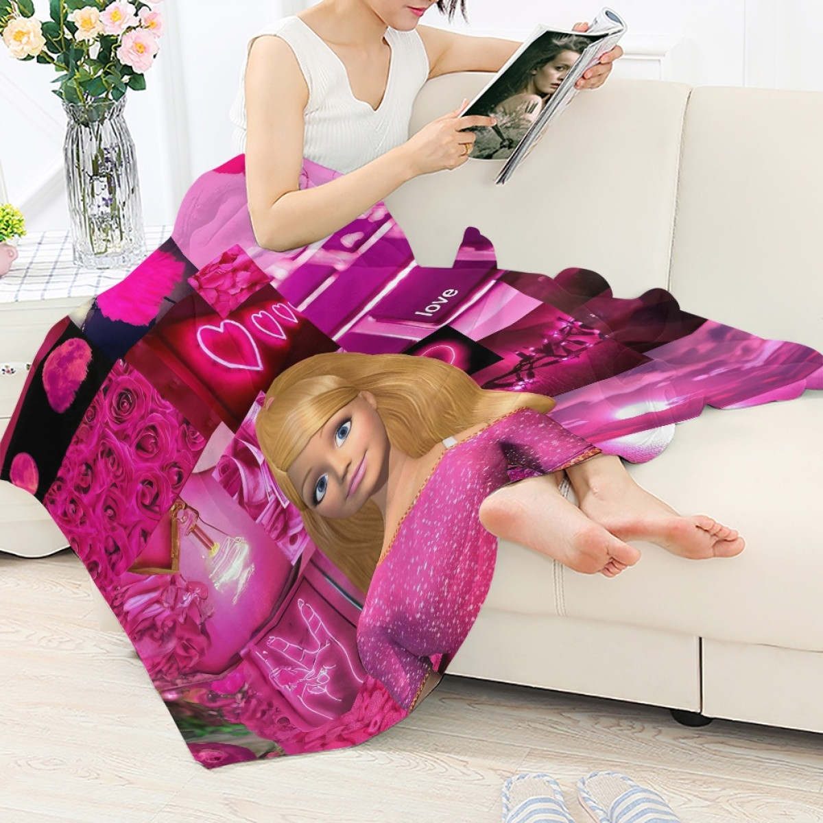 Barbie Blanket Throw - Barbie Smiling Random Pink Background Realistic Art