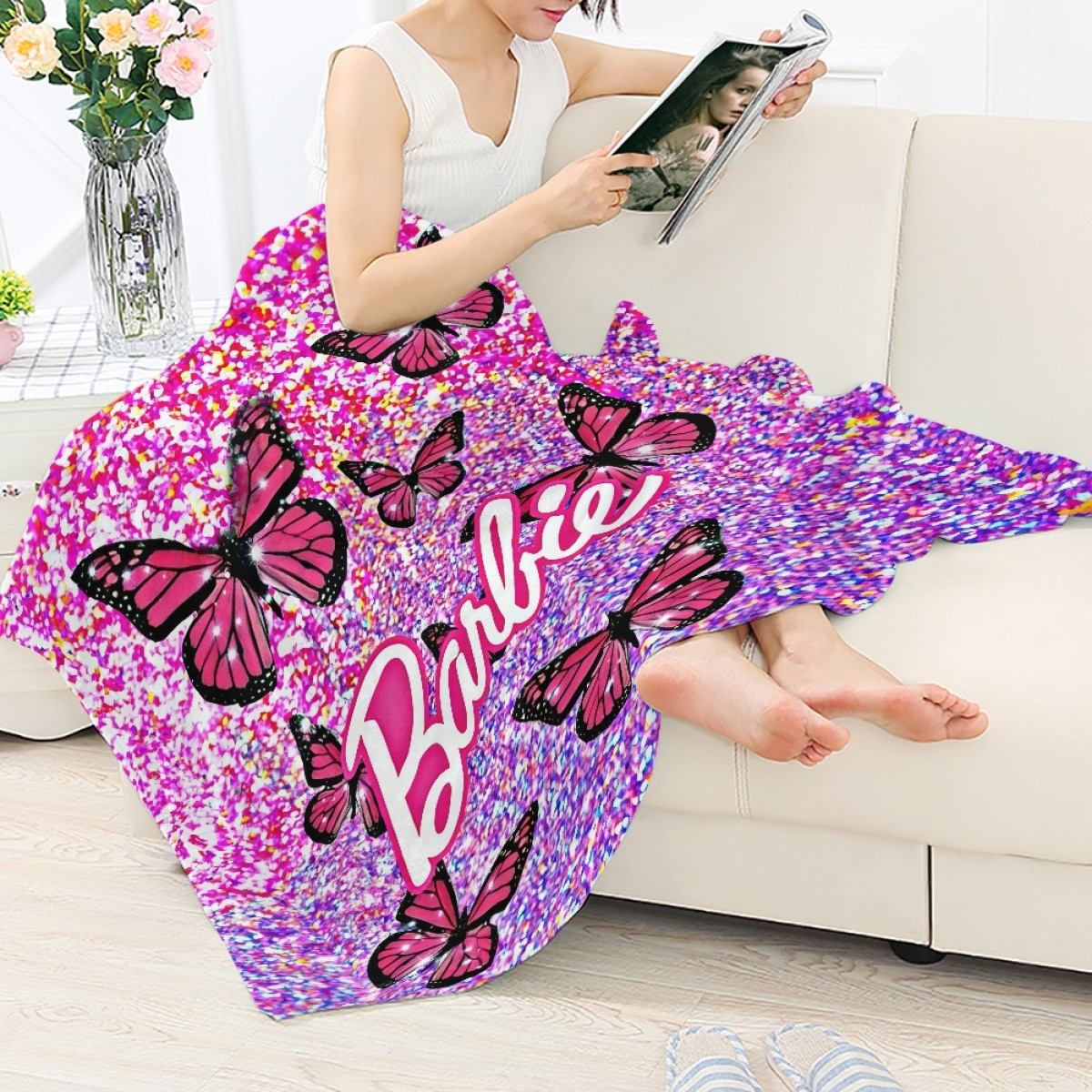 Barbie Mariposa Blanket Throw - Barbie Mariposa Logo With Butterflies Movie Art