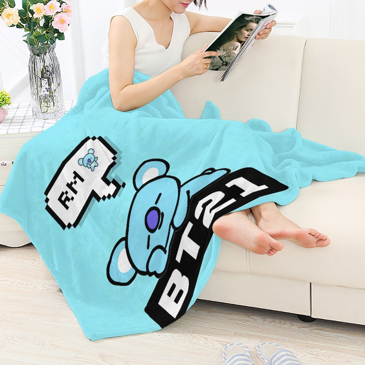BT21 Koya Blanket Throw - Koya Sleeping On BT21 Logo Blue Background