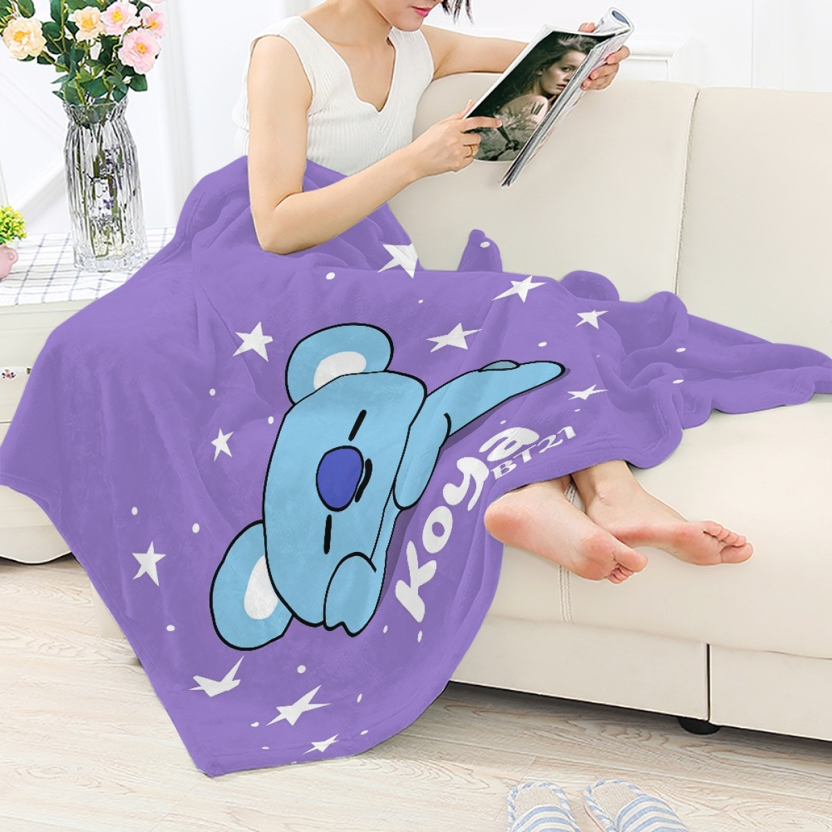 BT21 Koya Blanket Throw - Koya Sleeping Purple Background