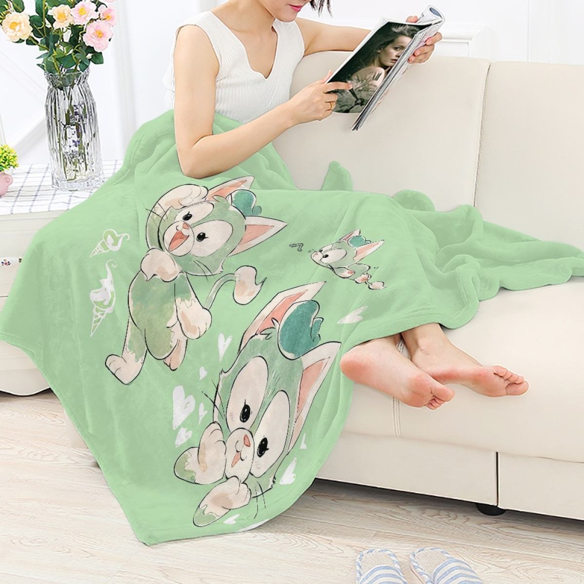 Duffy And Friends Gelatoni Blanket Throw - Gelatoni Cute Cat Drawing On Green Background