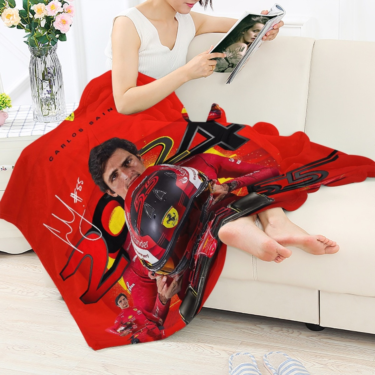F1 Formula One Carlos Sainz Blanket Throw - Carlos Sainz Essere Ferrari 2024 Poster Red Background