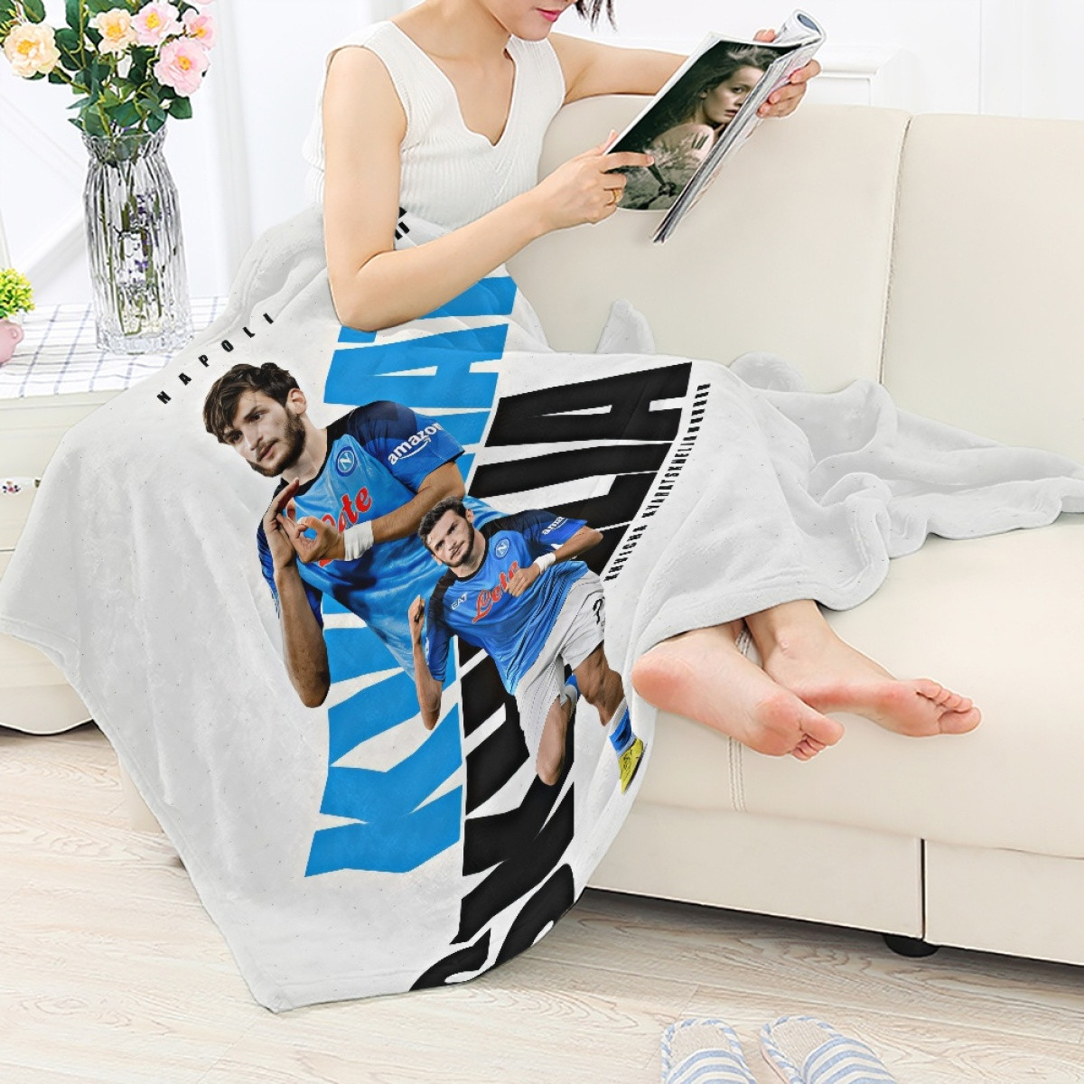 Khvicha Kvaratskhelia Blanket Throw - Khvicha Kvaratskhelia S.S.C. Napoli Signature Celebration On Word Art