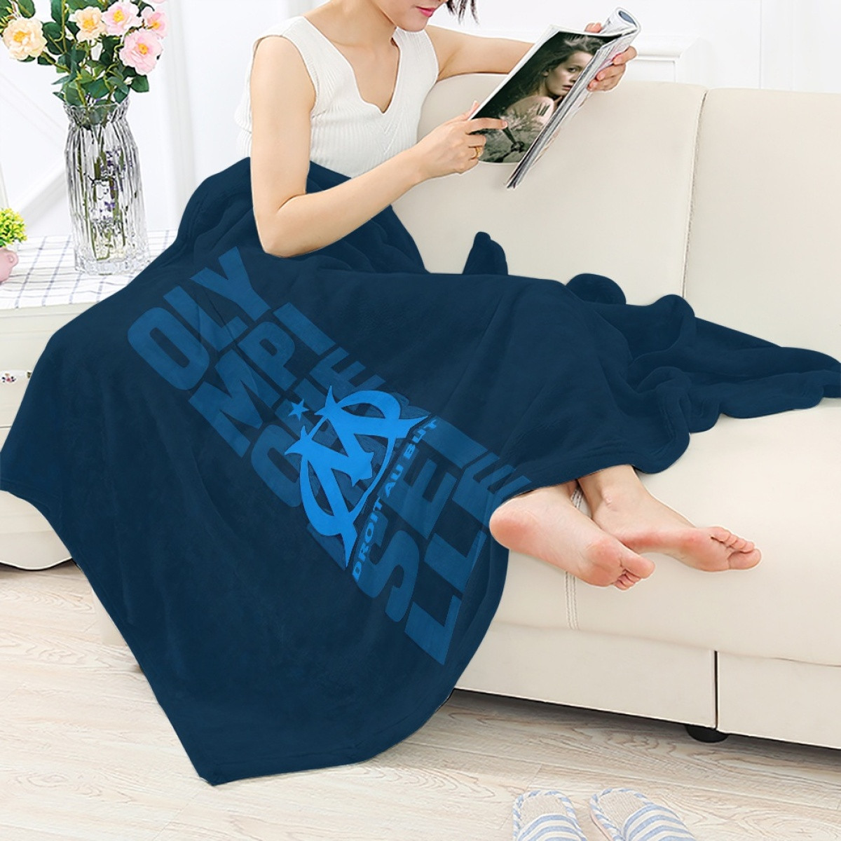 Olympique de Marseille Blanket Throw - Droit Au But Logo Blue Background