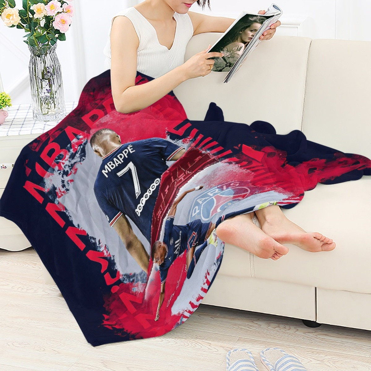 Kylian Mbappe Blanket Throw - Kylian Mbappe 7 Paris Saint-Germain Back Red Word Art Poster