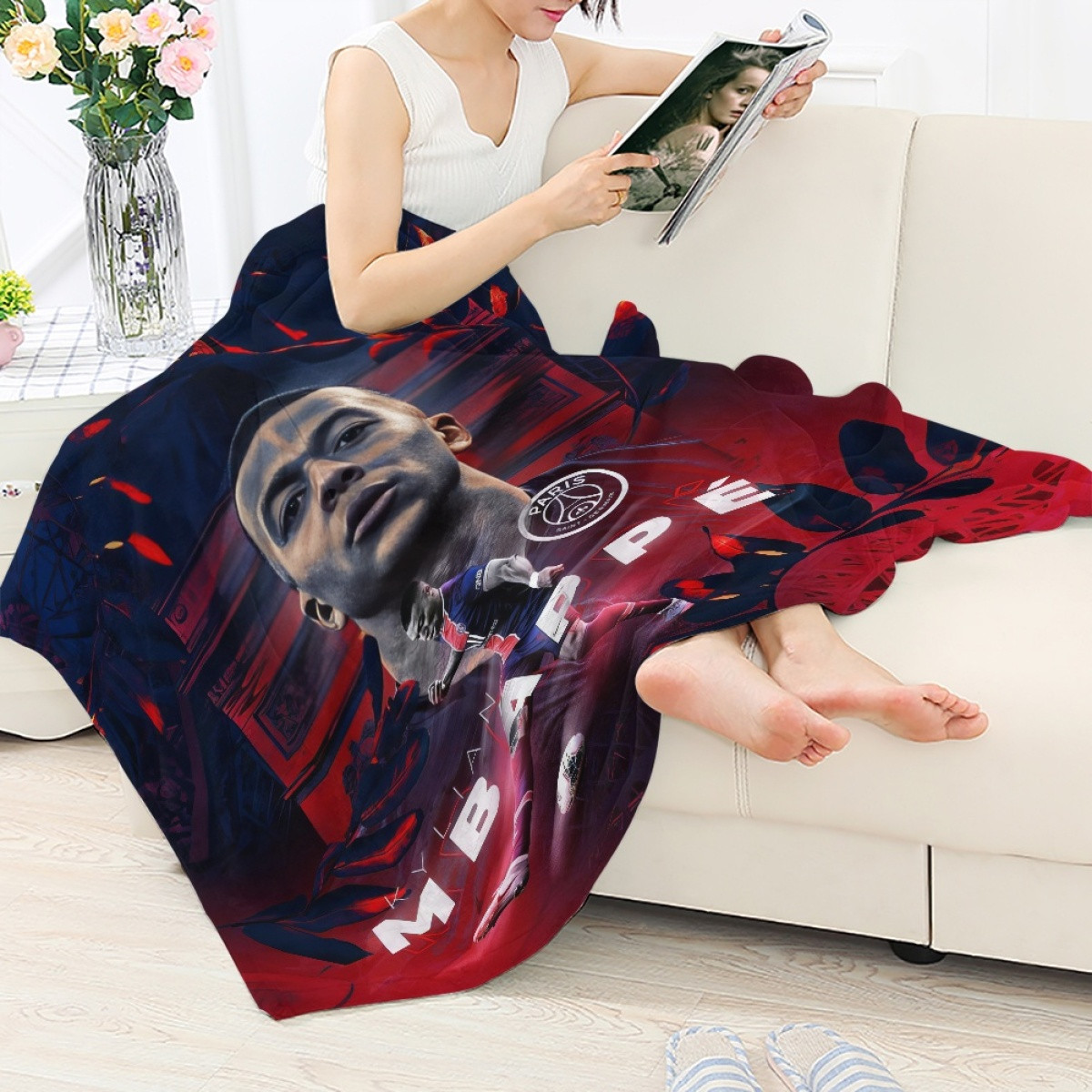 Kylian Mbappe Blanket Throw - Kylian Mbappe Paris Saint-Germain Portrait On Black Red Graphic Art