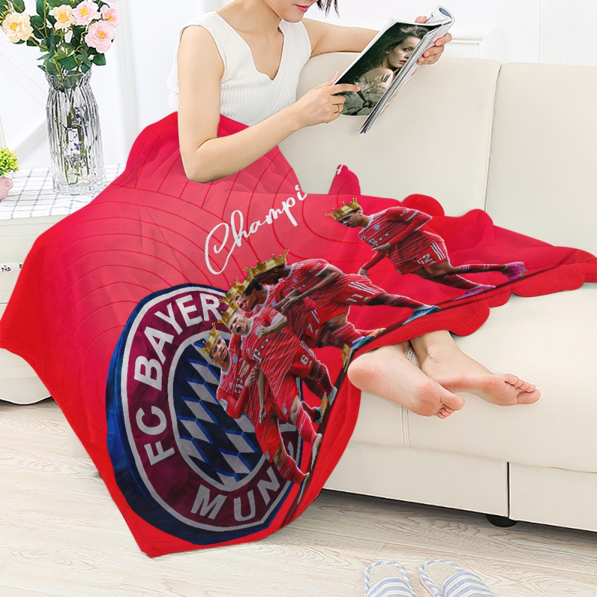 FC Bayern Munich Blanket Throw - FC Bayern Munich 2022-23 Bundesliga Champions Kings On Red Background