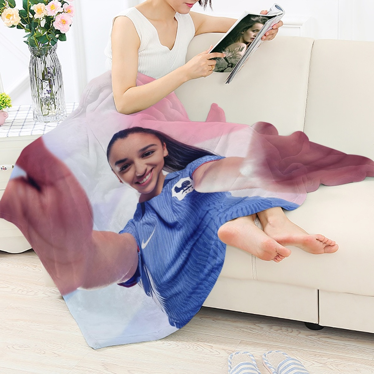 Sakina Karchaoui Blanket Throw - Sakina Karchaoui France Women's National Football Taking Selfie Poster