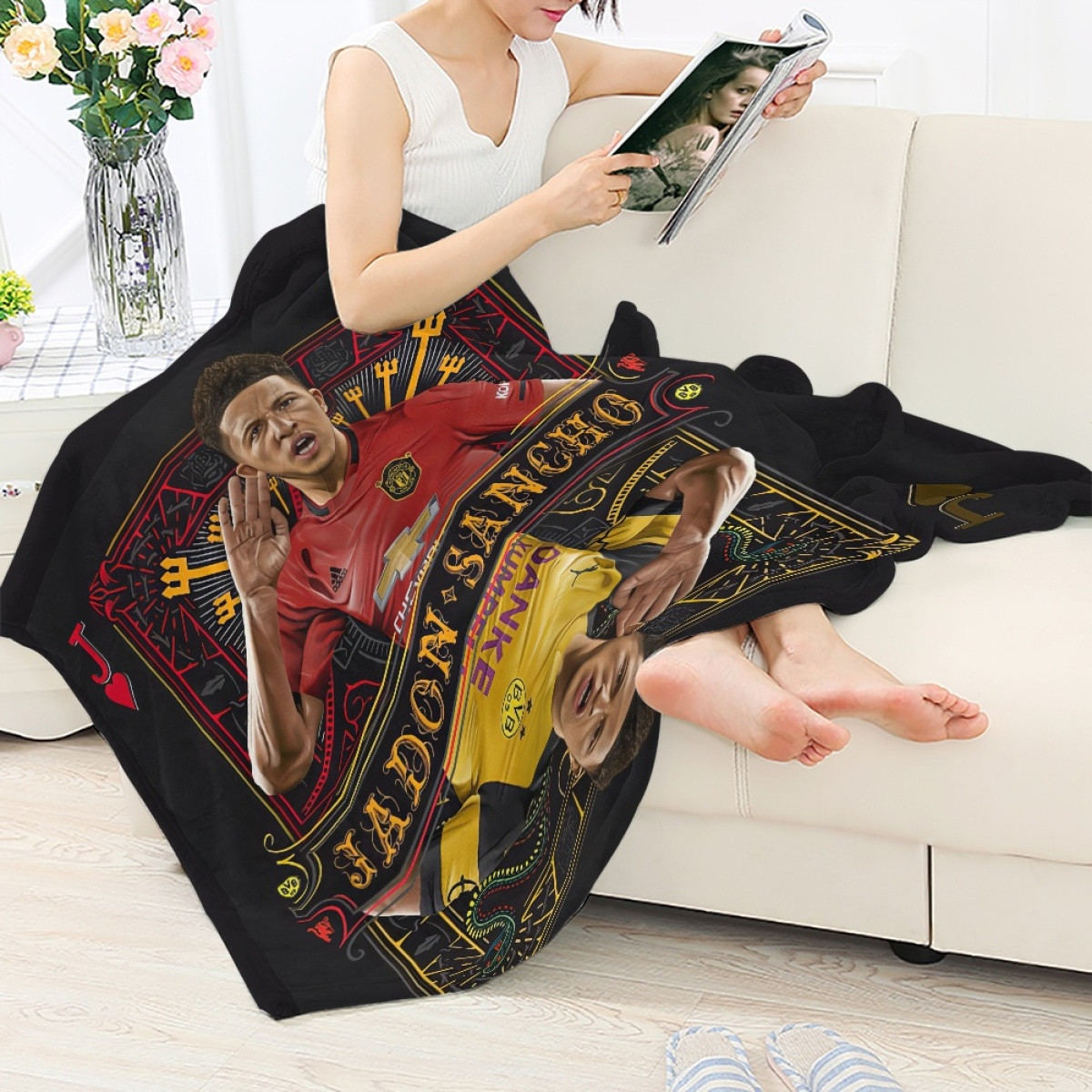 Jadon Sancho Blanket Throw - Jadon Sancho Manchester United The Jack Illustration