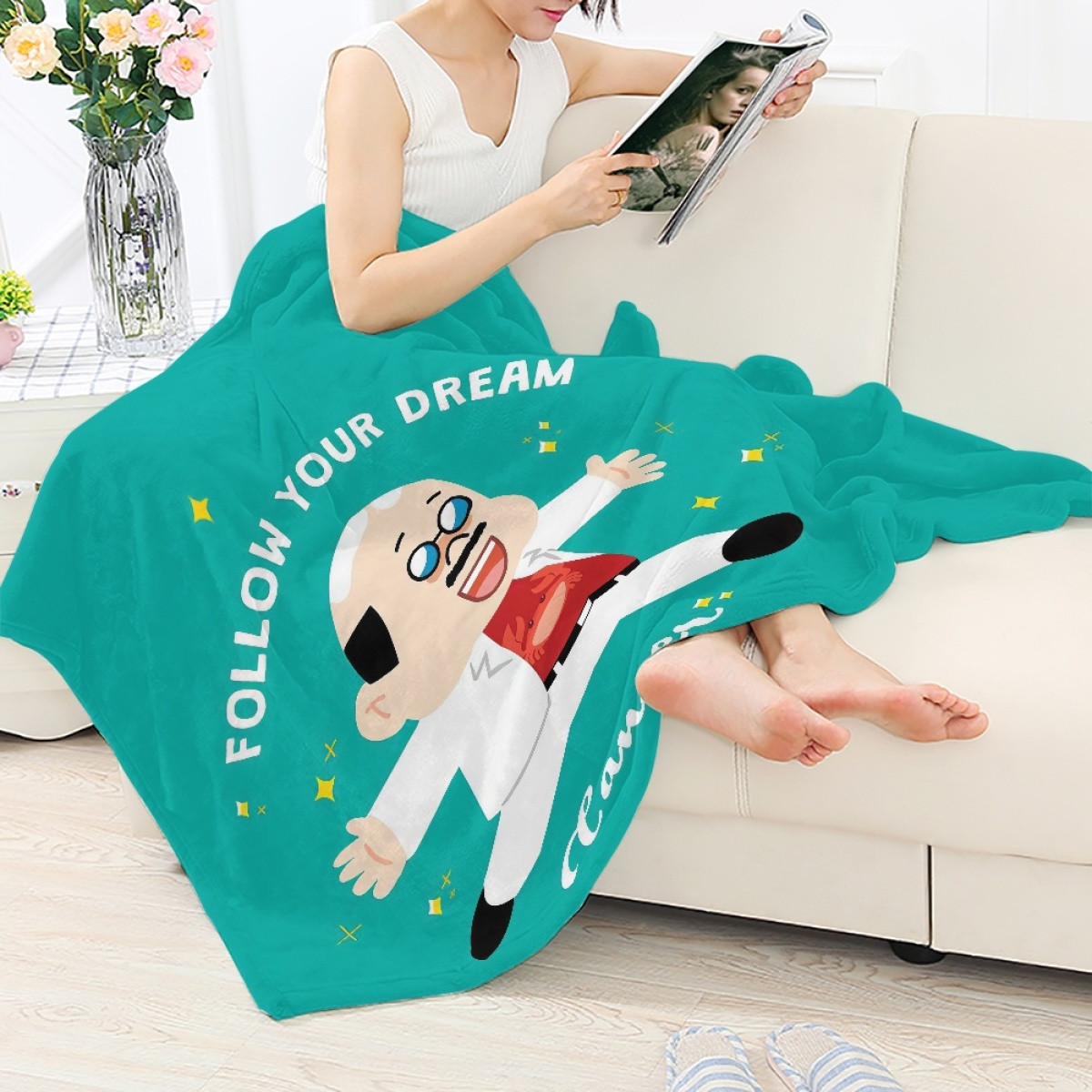 Lines Friends Boss Blanket Throw - Boss Follow Your Dream Poster Cyan Background