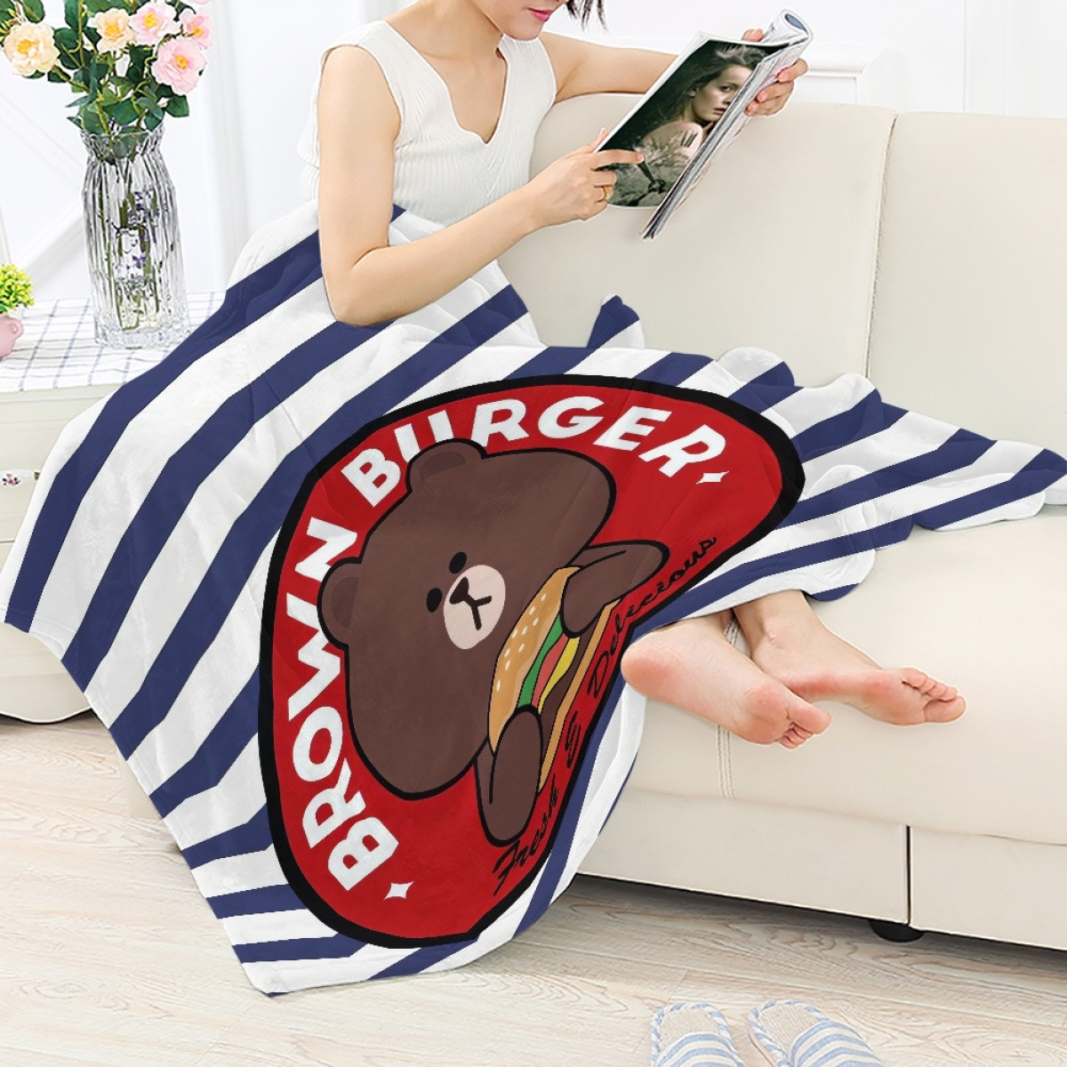 Lines Friends Brown Blanket Throw - Brown Burger Logo On Blue and White Stripes Straight Border Background