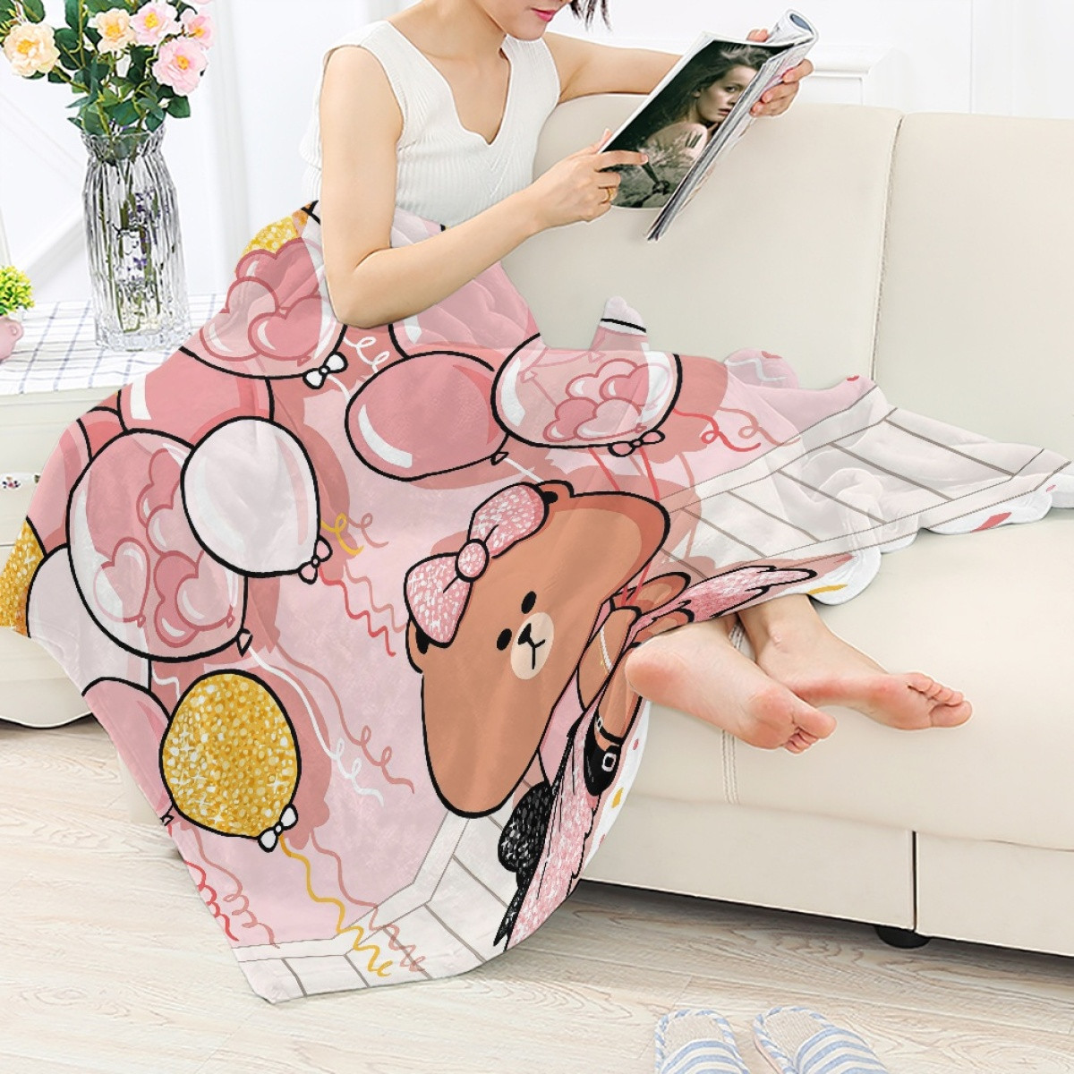 Lines Friends Choco Blanket Throw - Choco Birthday Balloon Pink Background