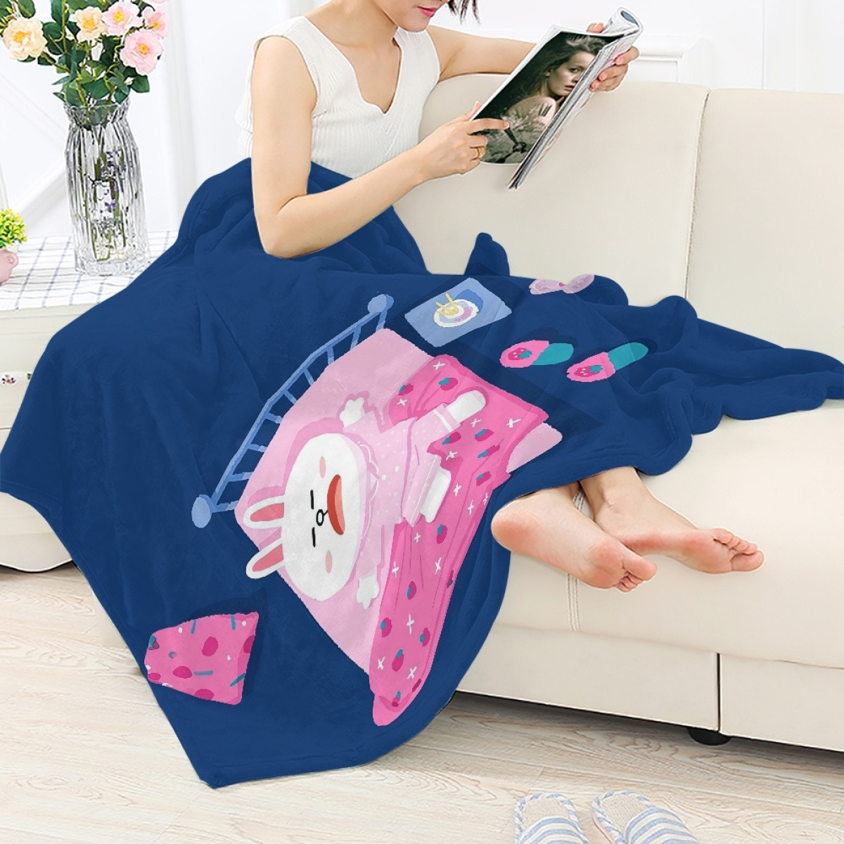 Lines Friends Cony Blanket Throw - Cony Crying On Bed Blue Background
