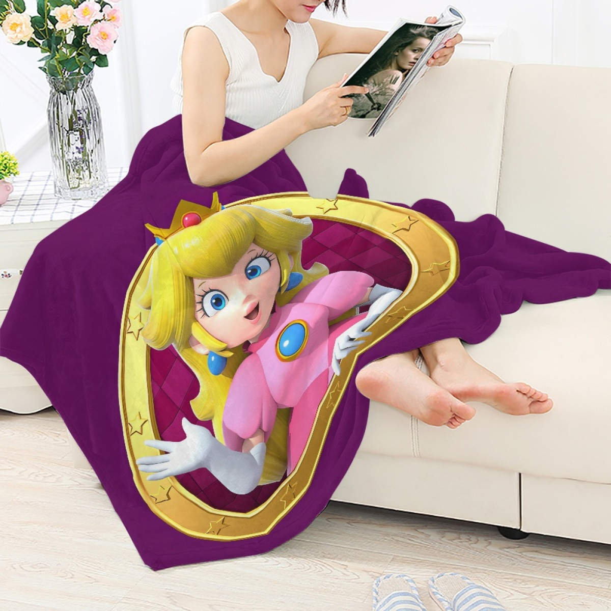 Super Mario Peach Blanket Throw - Peach Logo Violet Background