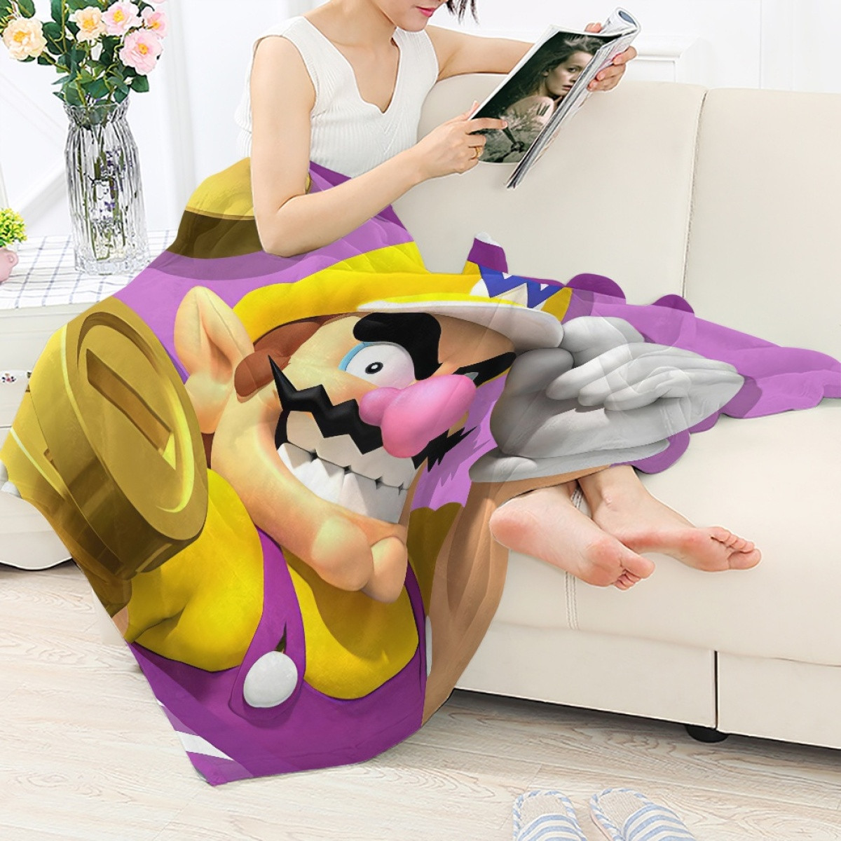Super Mario Wario Blanket Throw - Wario Holding Coins Introduction