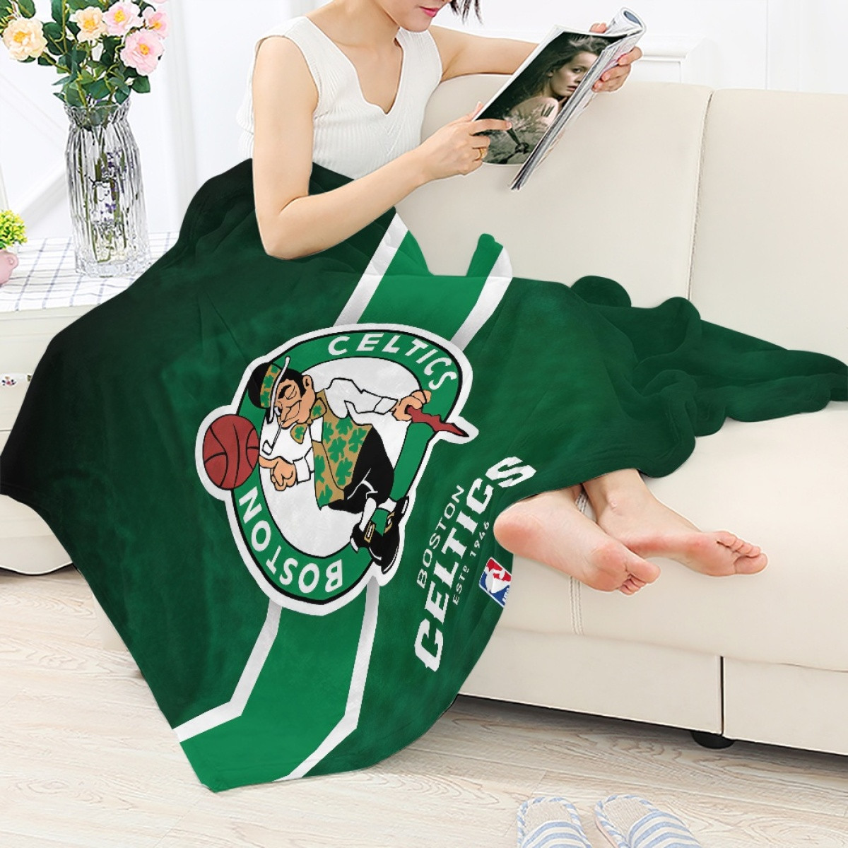 NBA Boston Celtics Blanket Throw - Team Logo Stripe Background