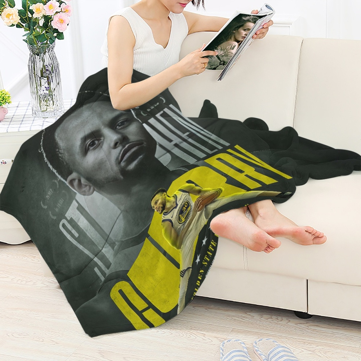 NBA Stephen Curry Blanket Throw - Stephen Curry Golden State Warriors 30 Grayscale Poster Art